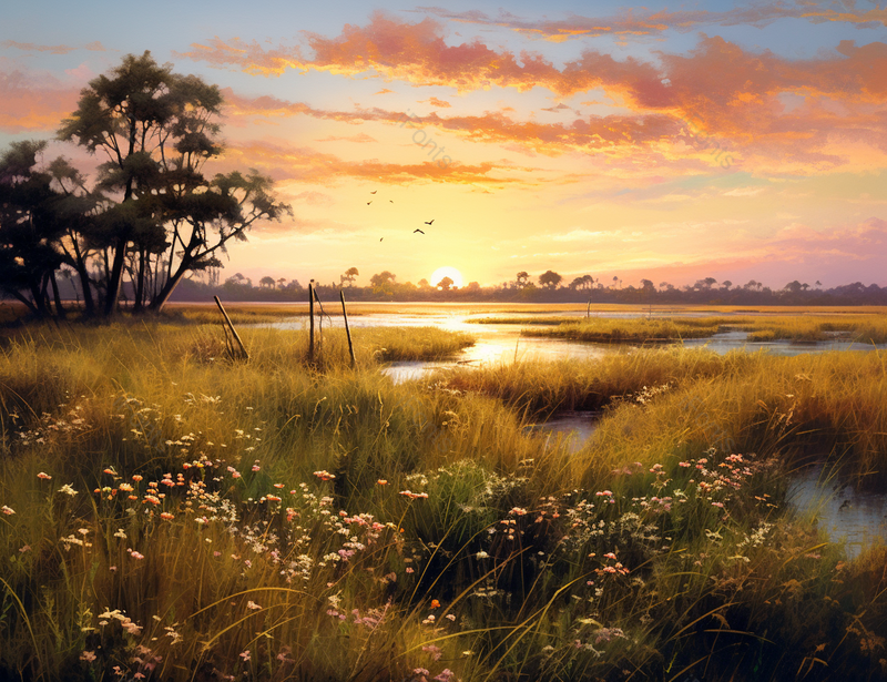 夏日日落时分夕阳下飞鸟飞过的田地溪流草地上野花小花,插画/手绘图,插画/手绘图库,插画/手绘图下载,插画/手绘